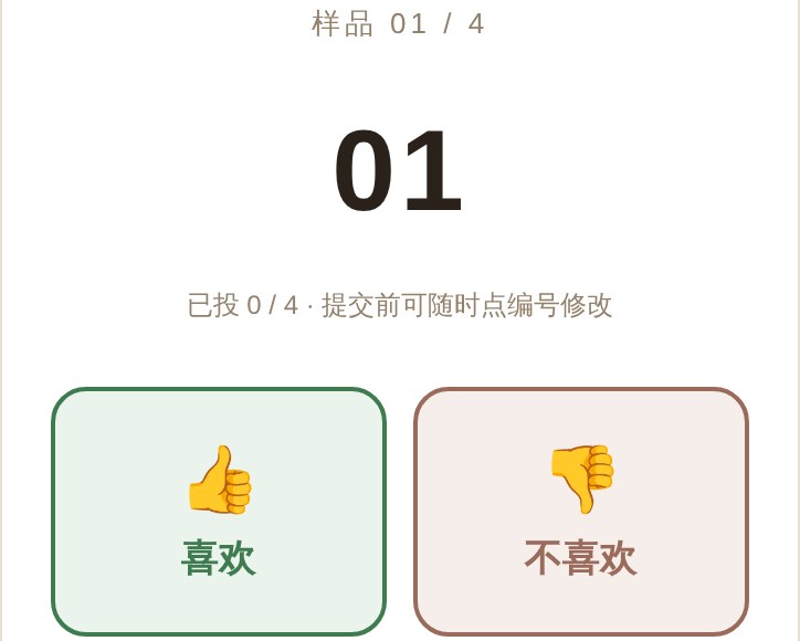杯测投票界面：样品 01 / 4，下面「喜欢 / 不喜欢」两个按钮